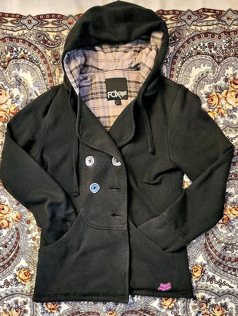 Y2K Fox Black Button-Up Jacket With Plaid Hood – Size XL